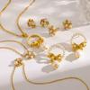 Retro-plated 18K gold stainless steel imitation pearl set bow flower stud earrings necklace non-fading jewelry