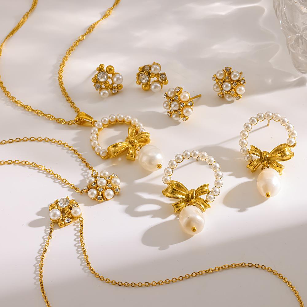 Retro-plated 18K gold stainless steel imitation pearl set bow flower stud earrings necklace non-fading jewelry