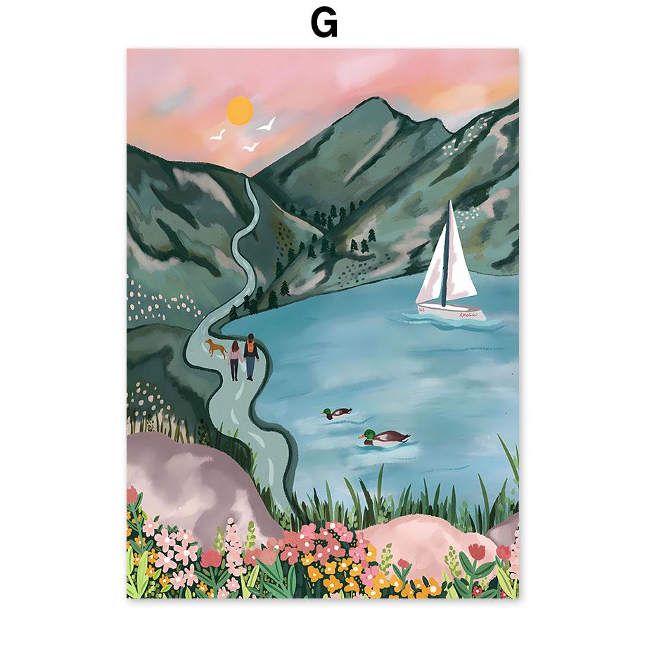 Boho Abstract Girl Lake Birds Leaf Illustration Wall Art Canvas Painting Nordic Poster And Prints Pictures For Living Room Decor