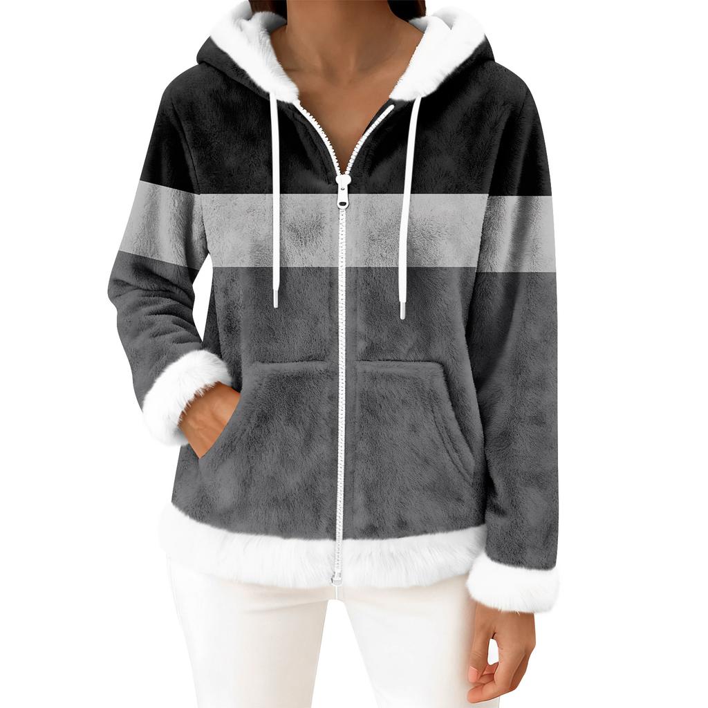 Damen Freizeitmode Langärmiger Fleece-Kapuzen-Cardigan mit Reißverschluss