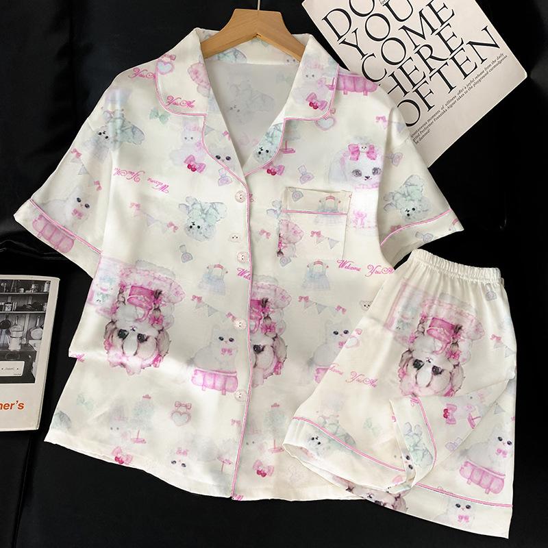 French Cute Cat Ice Silk Pajamas Women S Summer Short-Sleeved Shorts Student Soft Girl Loungewear Set M