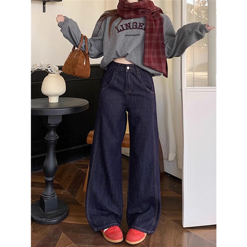 

Women s Dark Blue Plus Size Wide-Leg Jeans – Autumn/Winter Loose Slimming Floor-Length Pants XL