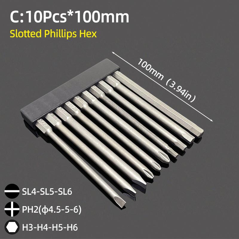 Magnetic Screwdriver Bits Set Slotted Phillips Torx Hex Head Drill Bit 1/4" Hex 50/65/100mm S2 Steel Screw Driver Hand Tools