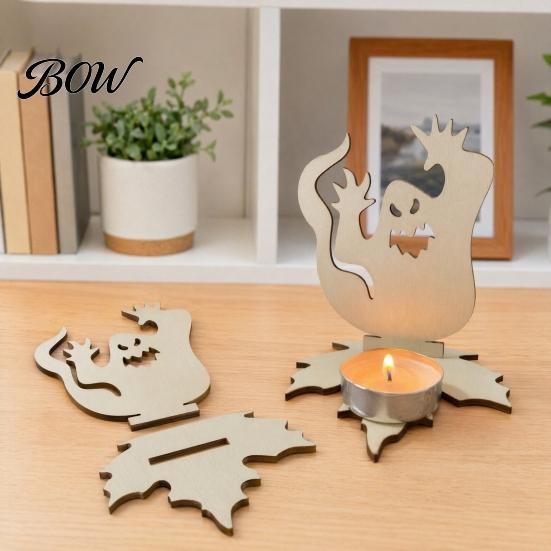 Wear Resistant Black Holder Halloween Ghost Candle Holder, Solid Wood Tea Light Stand, Maple Leaf Hollow Silhouette Shadow Base Candlestick,