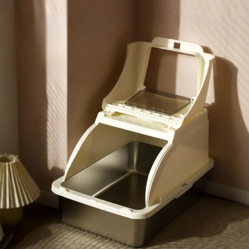 Stylish Cat Litter Box Dual-Exit Cat Toilet Stainless Steel Pet Litter Tray Odor-Proof Cats Sand Box Multi-Function Pets Bedpans