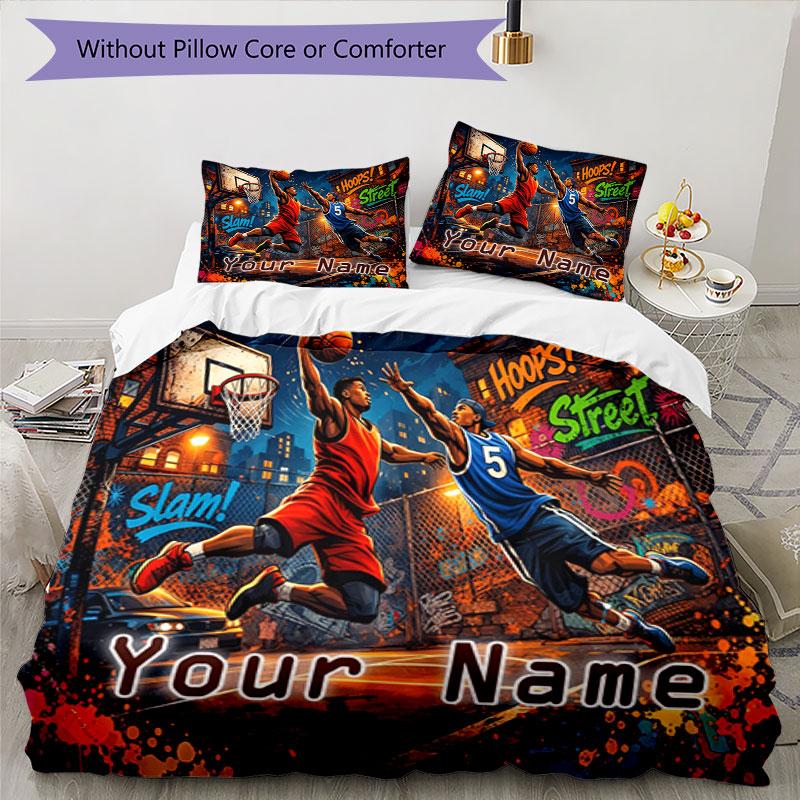 3PC Custom Name "Street Basketball Dreams" Bedding Set Printed Bedding Set Duvet Cover Closure Includes 1 Duvet Cover & 2 Pillowcases for All Seasons