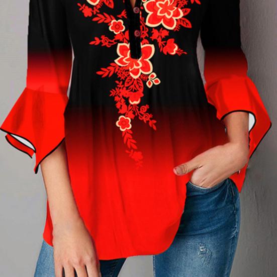 Vintage Shirt Farbverlauf Druck Unregelmäßigen Flare Ärmel Frauen Schlank Alle