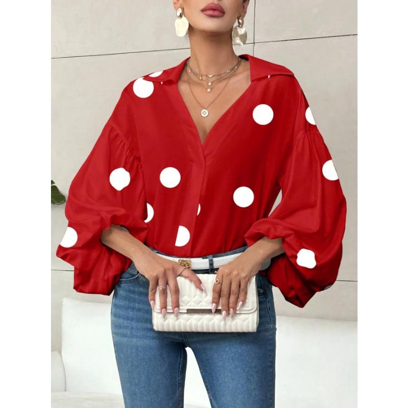 DAFIFY Mote Casual Vår Høst Polkadotter Trykk Langermet POLO Hals Bluser & Skjorter for Kvinner