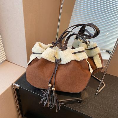 Fuzzy Large Capacity Tote Bag for Women  Korean Style Casual Lamb Fur Retro Commuting Underarm Bag