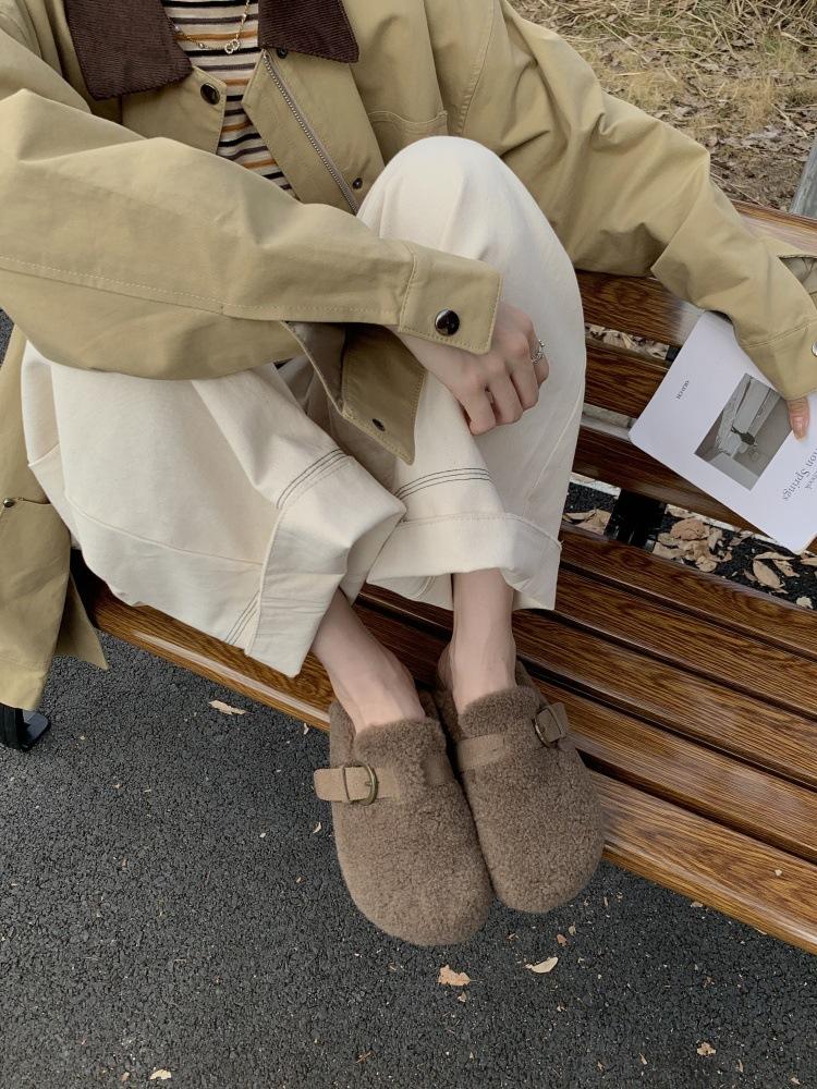 

Flat bottom Birkenstock drag one word with bag head Mao Mao shoes women s 25 new autumn and winter casual wear one pedal drag women s shoes 39
