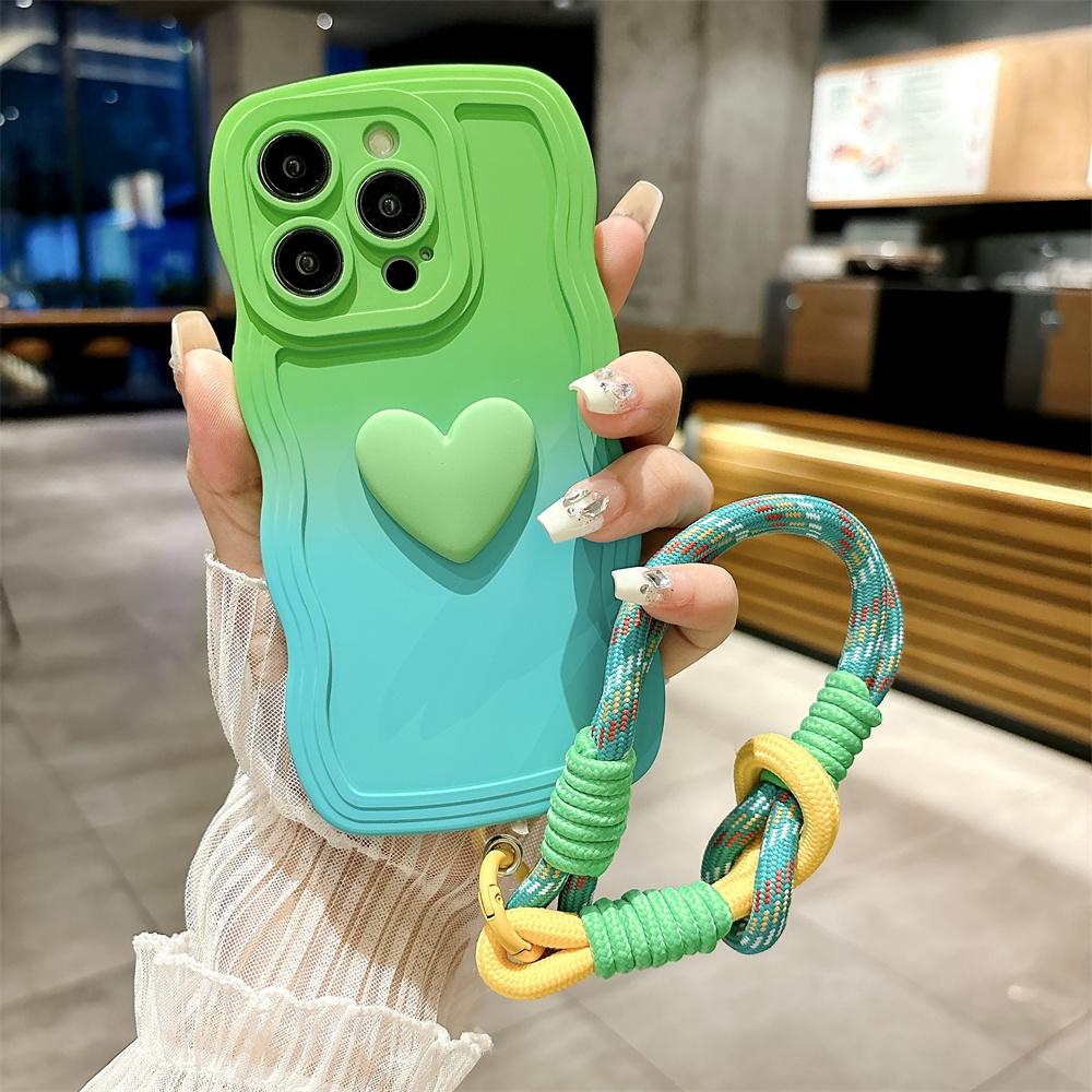 Cartoon Love Heart Gradient Lanyard Case for For Iphone 16 1 14 17 Pro Max Air Plus 12 13 11 Xr Xs Hand Wrist Strap Wave Soft Cover