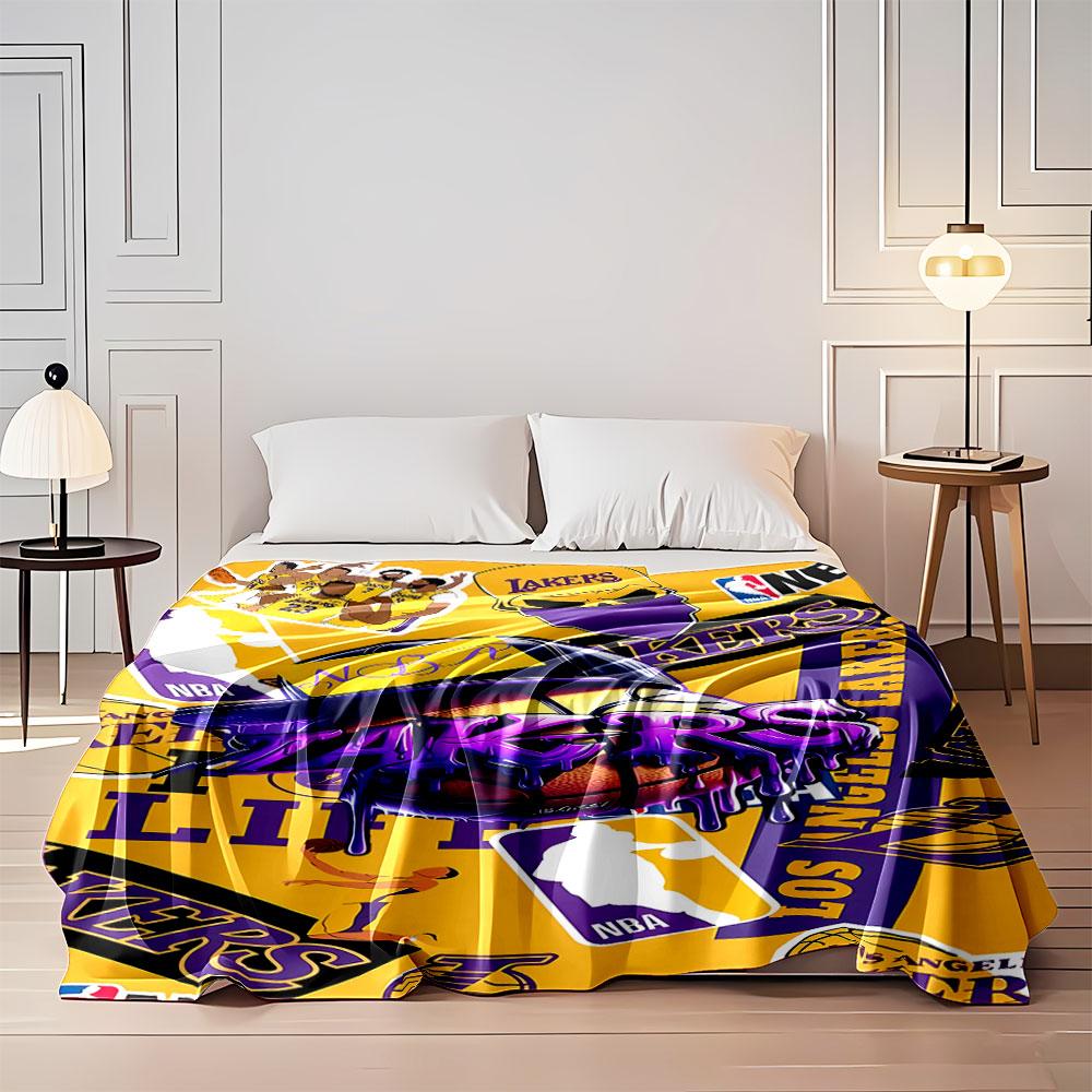 Bold Lakers-themed collage with basketball graphics and purple-yellow tones. for all seasons blanket lunch break throw gift