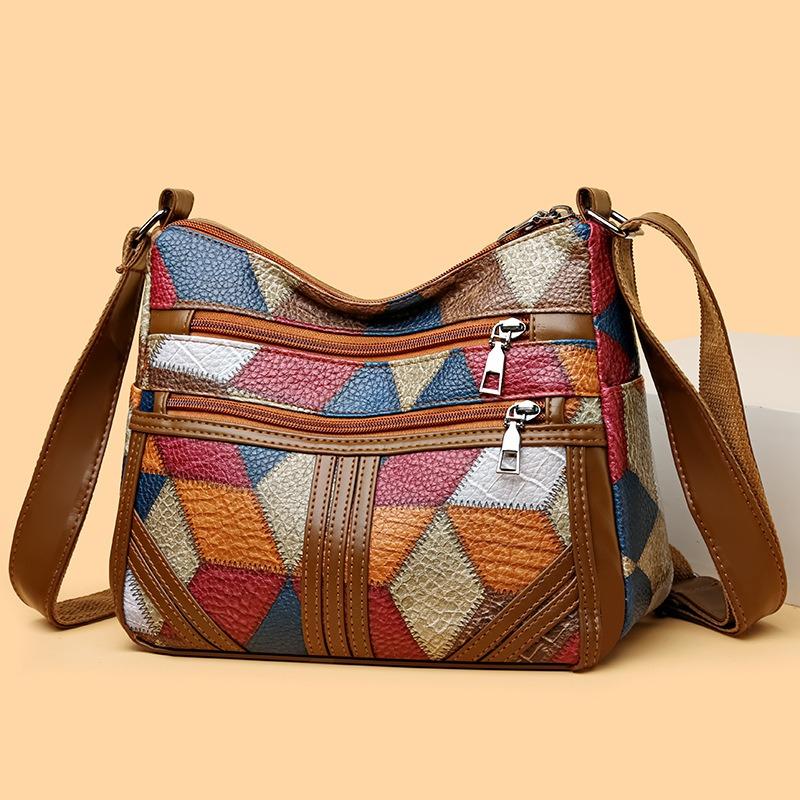 New Chinese Mother Messenger Women's Bag Splicing Contrasting Color Women's Fashion Multi-layer Pocket Retro Versatile Shoulder Bag