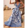 Western Style Summer New Sexy Deep V-neck Sexy Print Waist Hugging Backless Sling Dress Beach Long dress Women