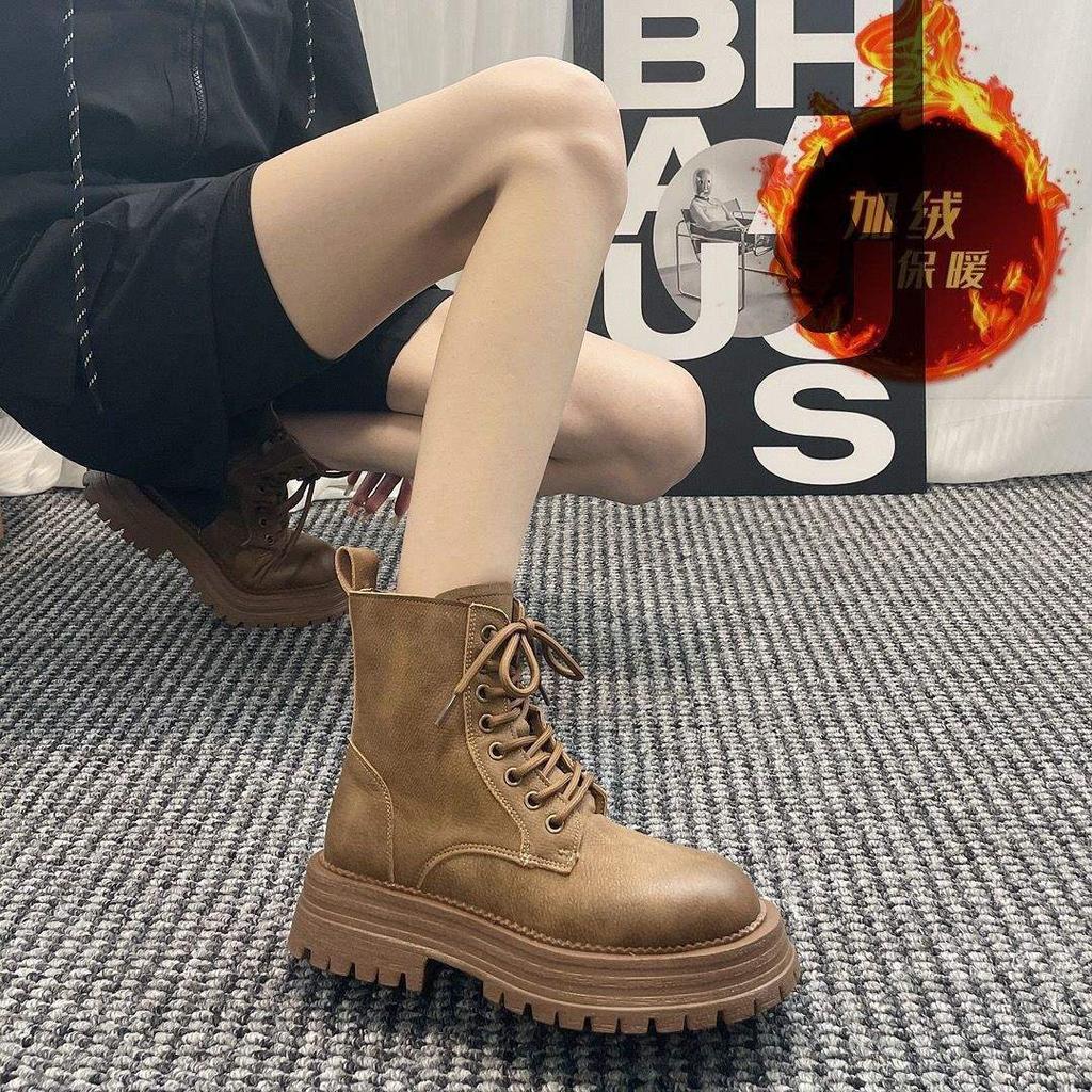 Real Soft Leather Martin Boots for Women 2025 Autumn and Winter New Korean Version of Versatile Velvet Locomotive Boots Non-slip Thick-soled Short Boo