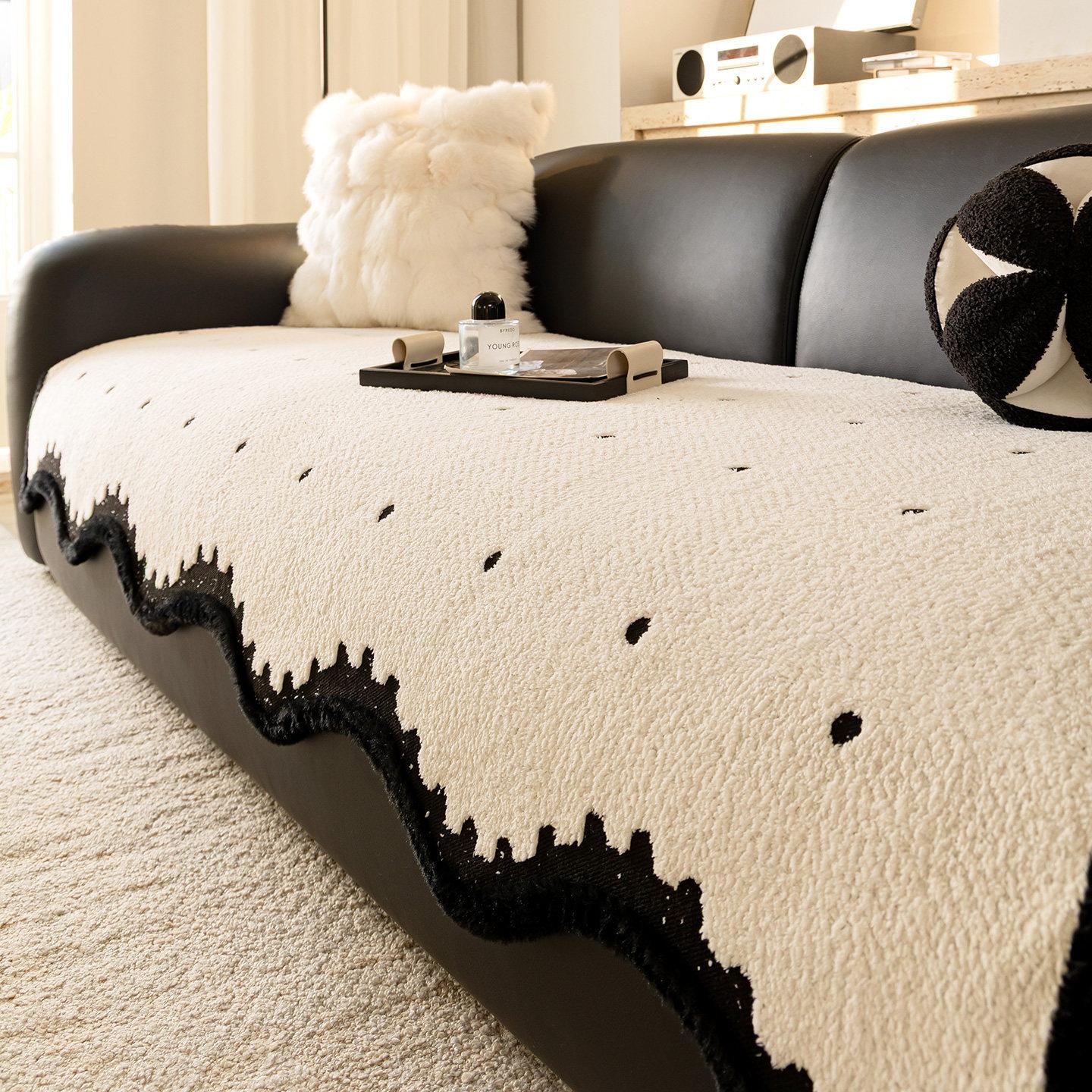 Plush sofa cushion special-shaped non-slip seat cushion winter classic black and white small polka dots one-piece straight-row sofa cover cover 70*70cm