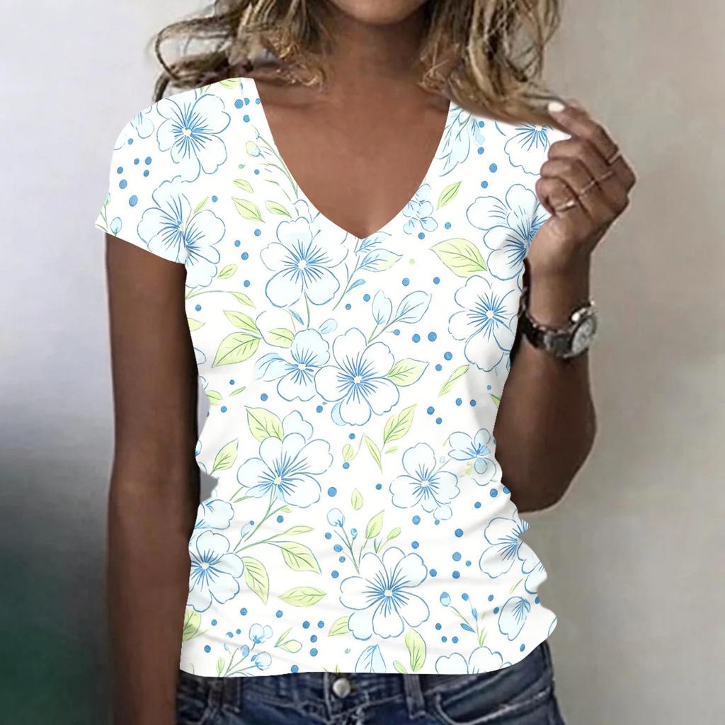 Camiseta Floral de Manga Corta con Cuello en V para Mujer, Informal, Holgada, Ligera, Pulóver para Uso Diario, Oficina, Escuela, Viajes