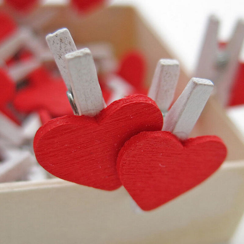 20Pcs Mini Cute Heart Wooden Pegs Photo Clips Room Wedding Craft Decor