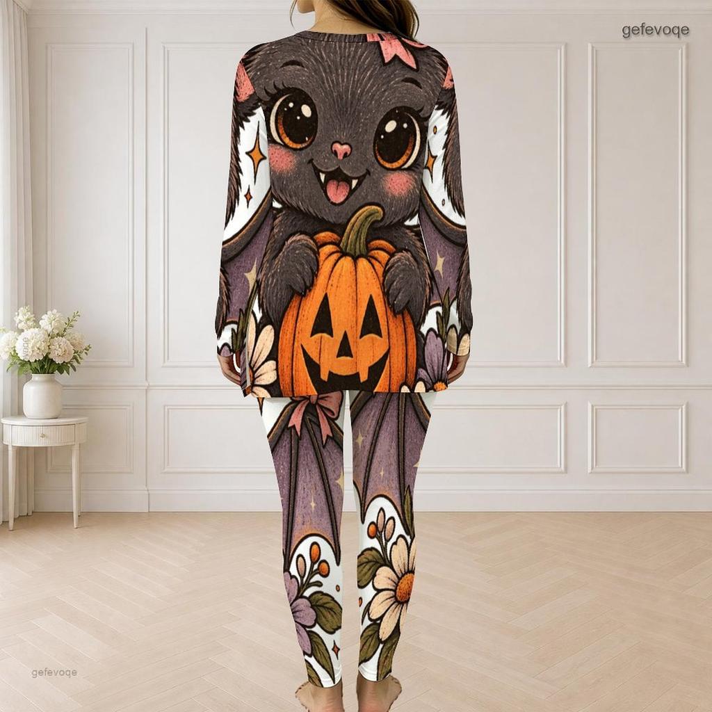 Women Plus Size Halloween Cartoon Printed Half Zip Long Sleeve Top And Fitted Pants Two Piece Set