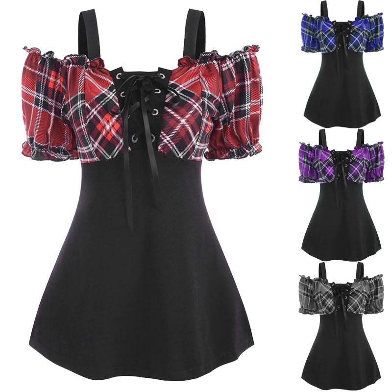 

Сексуальные женщины Мода Кружева Вверх Клеток Открытое плечо Оборки Футболка Топы