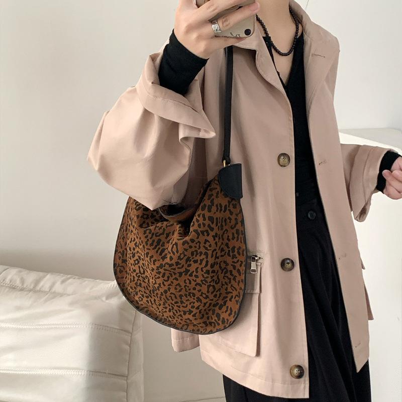 Niche Vintage Leopard Print Shoulder Bag for Women Tote Bag Genuine Leather Large Capacity Frosted Cowhide Underarm Bag