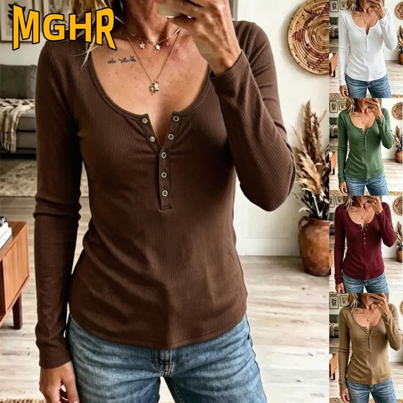 MGHR Women's Fashion Casual Autumn Winter Long Sleeve U-Neck Blouses & Shirts