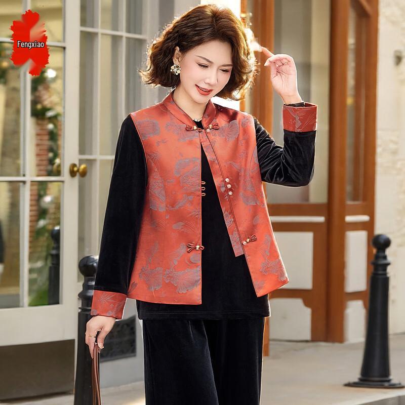 Элегантный трехпредметный комплект в новом китайском стиле из бархата 5XL