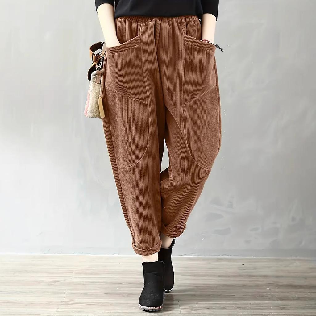 Single-layer Corduroy Harem Pants for Spring and Summer, Solid-coloured Literary and Retro Women's Loose-fitting Pocket Casual Trousers