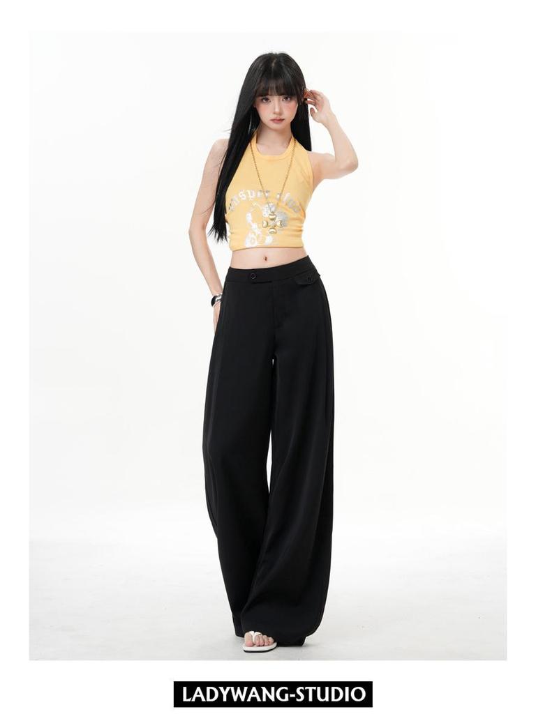 Minghai Spring Black High-Waist Wide-Leg Casual Women's Pants