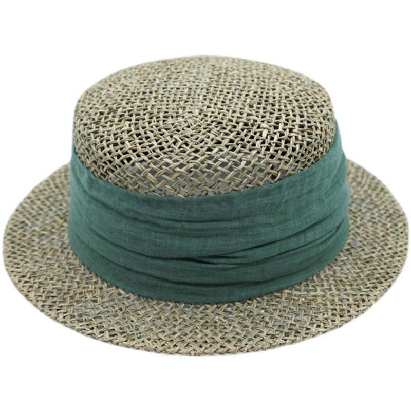 French Retro Japanese Woven Hollow Straw Top Hat Women'S Summer Small Brim Short Brim Panama Flat Top Straw Hat Foreign Trade