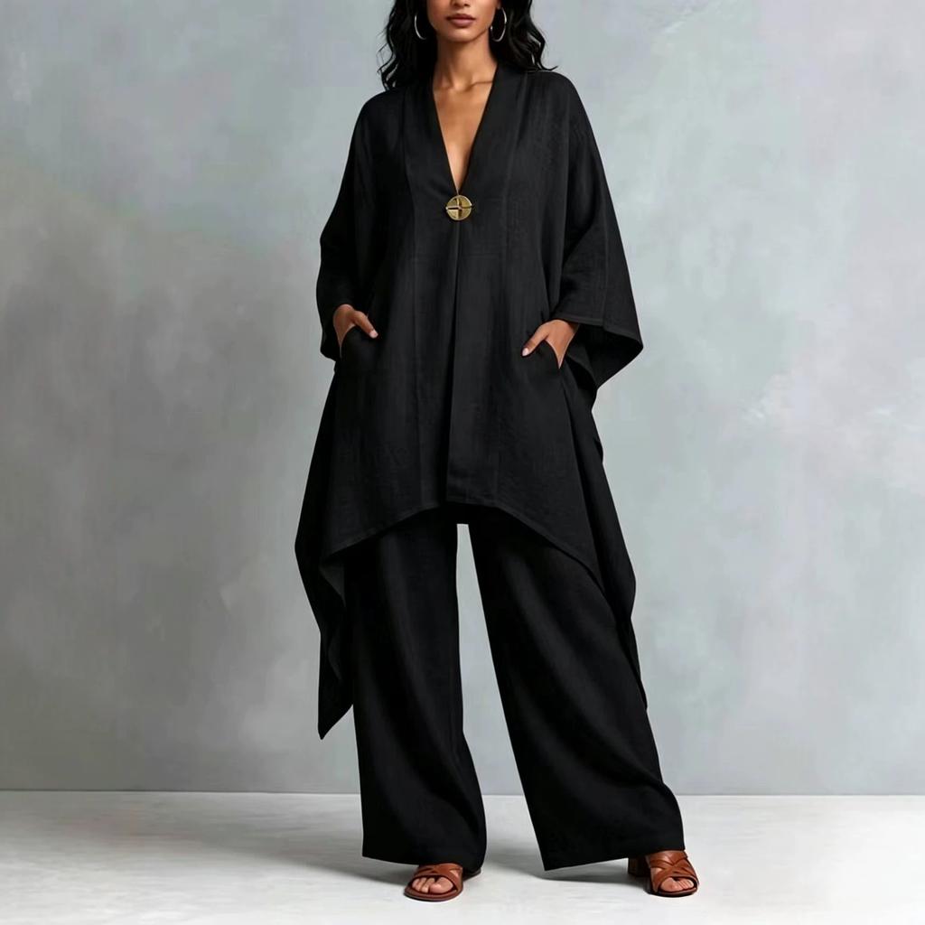 1116 spring and summer European and American women's clothing new cotton and linen irregular long-sleeved loose wide-leg pants two-piece set