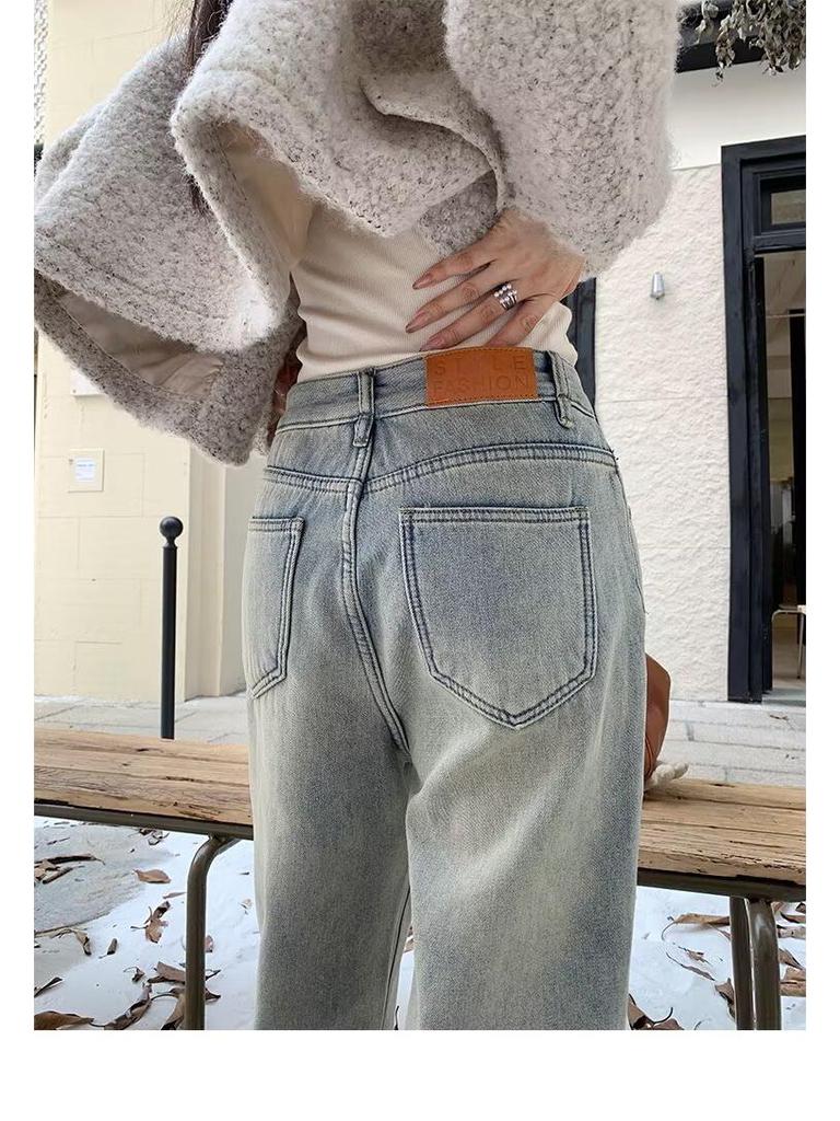 Women's High-Waist Yellow Mud Wide-Leg Jeans - Retro, Warm, Plus Velvet, Loose Fit for Autumn/Winter