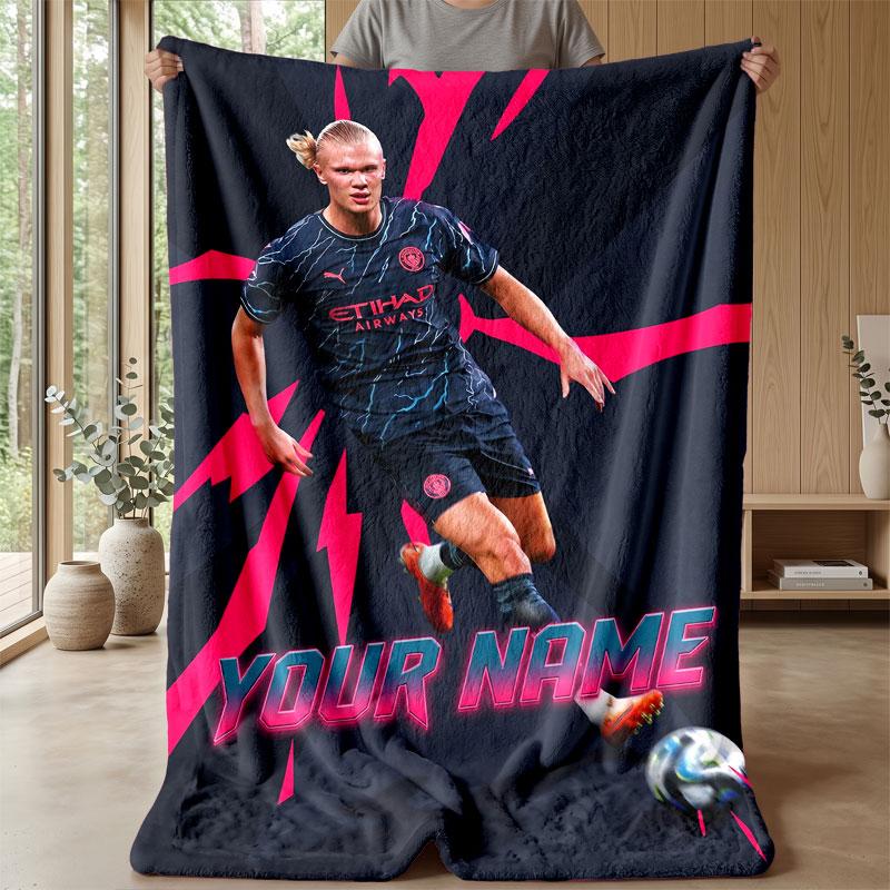 Erling Haaland Custom Name Text Flannel Blanket Soccer Logo Personalized Fleece Throw Blanket Special Gift For Sofa Bedroom Home