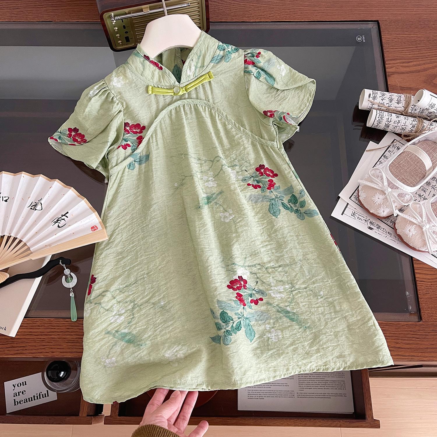 Girls Summer Chinese Cheongsam Dress Short Sleeve Hanfu Qipao Traditional Princess Party Dress For Kids 90cm