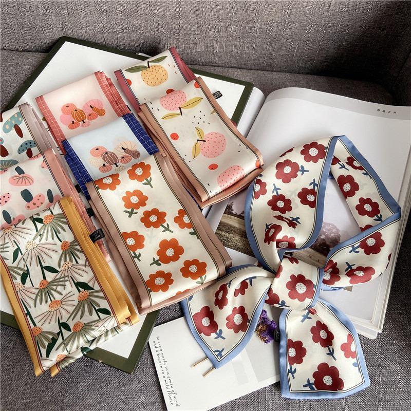 Luxary Brand Design Flower Print Silk Scarf for Women Fashion Hair Headband Foulard Lady Skinny Bag Scarves Neckerchief Tie