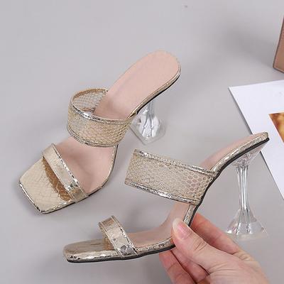 Mode Größe 45 46 Elegant Eckige Zehenpartie Transparent Pfennigabsatz Pumps Mesh Slipper Sommer Damen Gold Sandalen Mode Mules Partyschuh