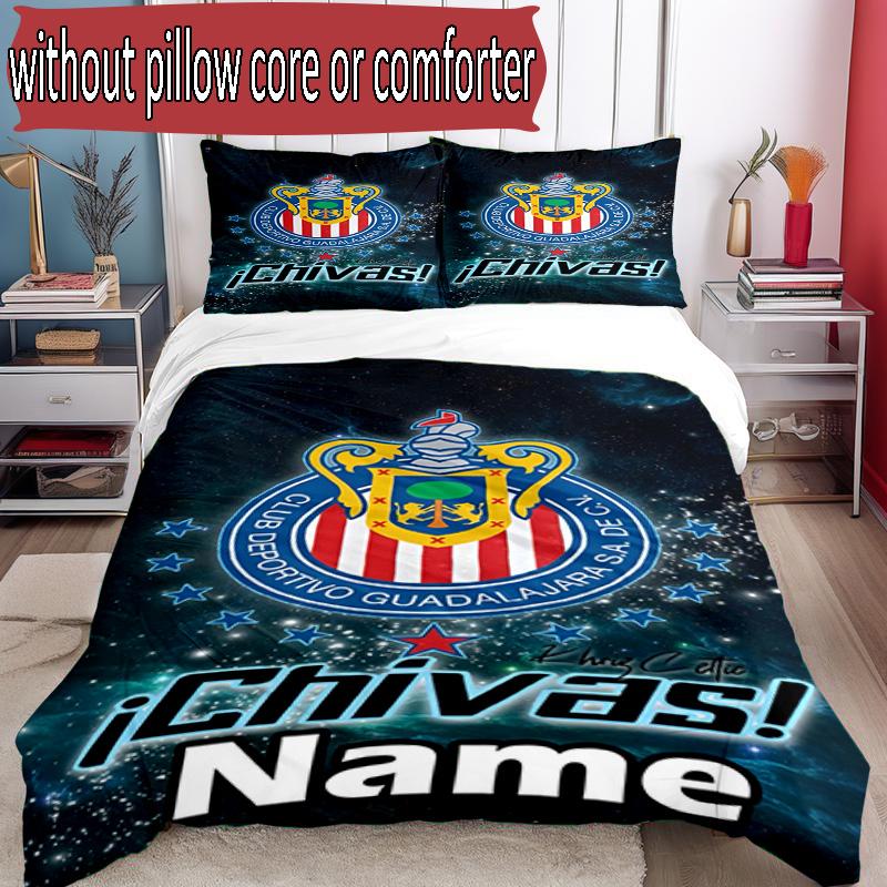 3pcs Duvet Cover Set (1*Duvet Cover + 2*Pillowcase, Without Core), Custom Name Club Deportivo Guadalajara Pattern Bedding Set, Home Bedroom Decor Gift
