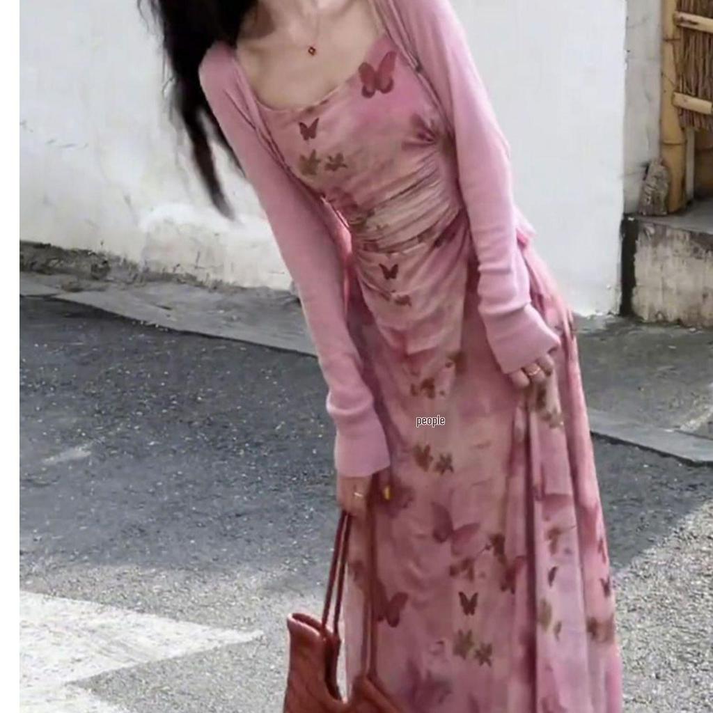 Elegant Floral Print Camisole Dress & Cardigan Set for Women - French Style, Slim Waist