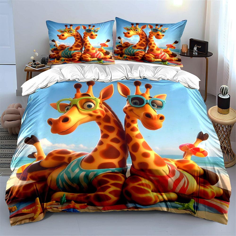 Giraffes On Beach Vacation Duvet Cover Set With 3D Printing Design Soft Polyester Bedding Set All-Season Comfort Luxury Gifts