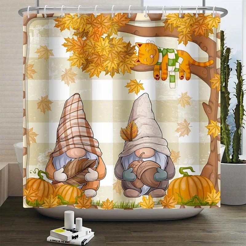 Autumn Shower Curtain, Autumn Maple Leaf Pumpkin Bathroom Decoration, Polyester Fabric Shower Curtain Hook, Room Decoration