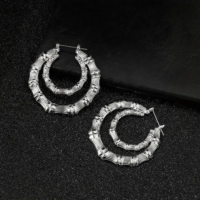 

2026 New Double Layered Open Loop Earrings with Advanced Design and Bamboo Like Elegant Countryside Style Large Earrings