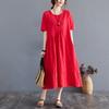 Women Summer Cotton Linen Loose Jacquard Irregular Dress Casual O-neck Short Sleeve Solid Color Dresses