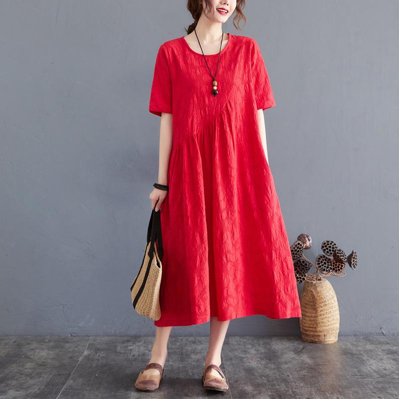 Women Summer Cotton Linen Loose Jacquard Irregular Dress Casual O-neck Short Sleeve Solid Color Dresses
