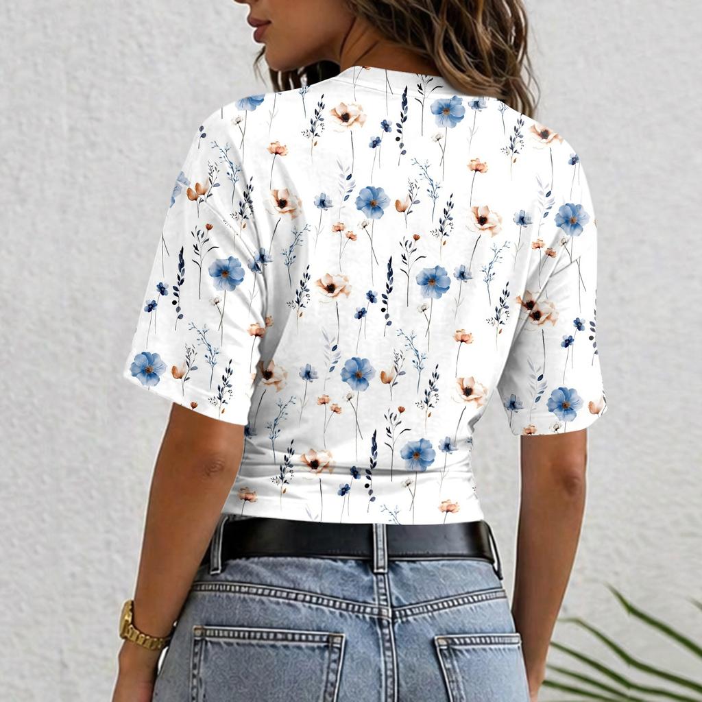Women Round Neck Pullover Short Sleeve T Shirt Floral Print Loose Fit Casual Top for Everyday Wear