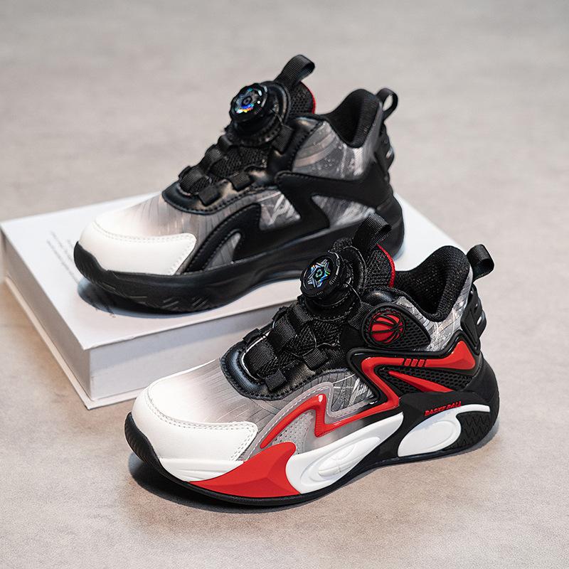 Boys and children's sports shoes basketball shoes 2025 autumn new trendy leather surface medium and older children's shock-absorbing and wear-resist