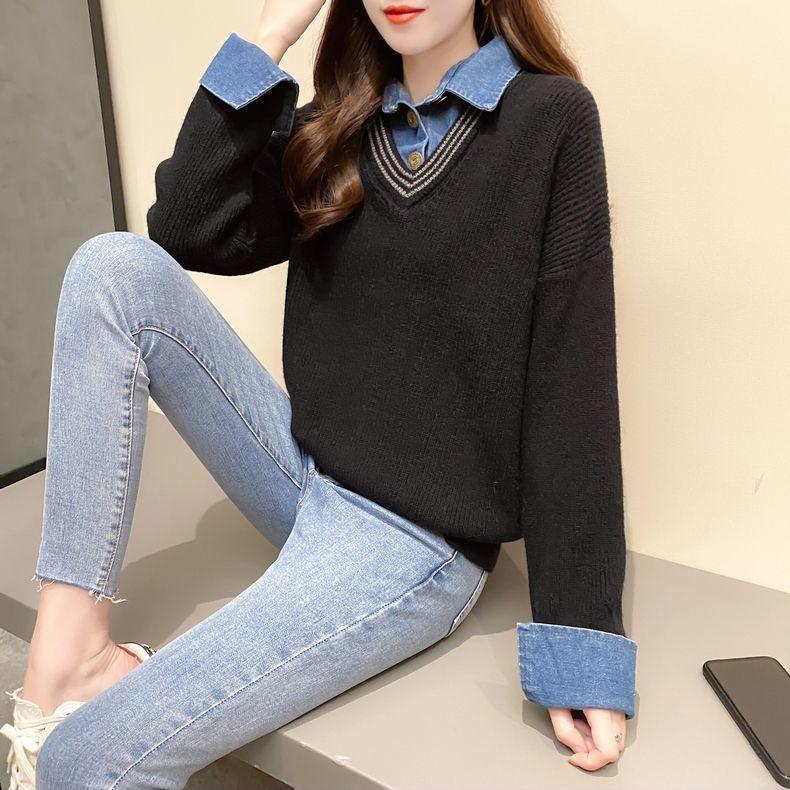 Fake Two-piece Sweater Women's Patchwork Denim Shirt with A Collar Casual Top Loose Long-sleeved Pullover and A Knitted Sweater