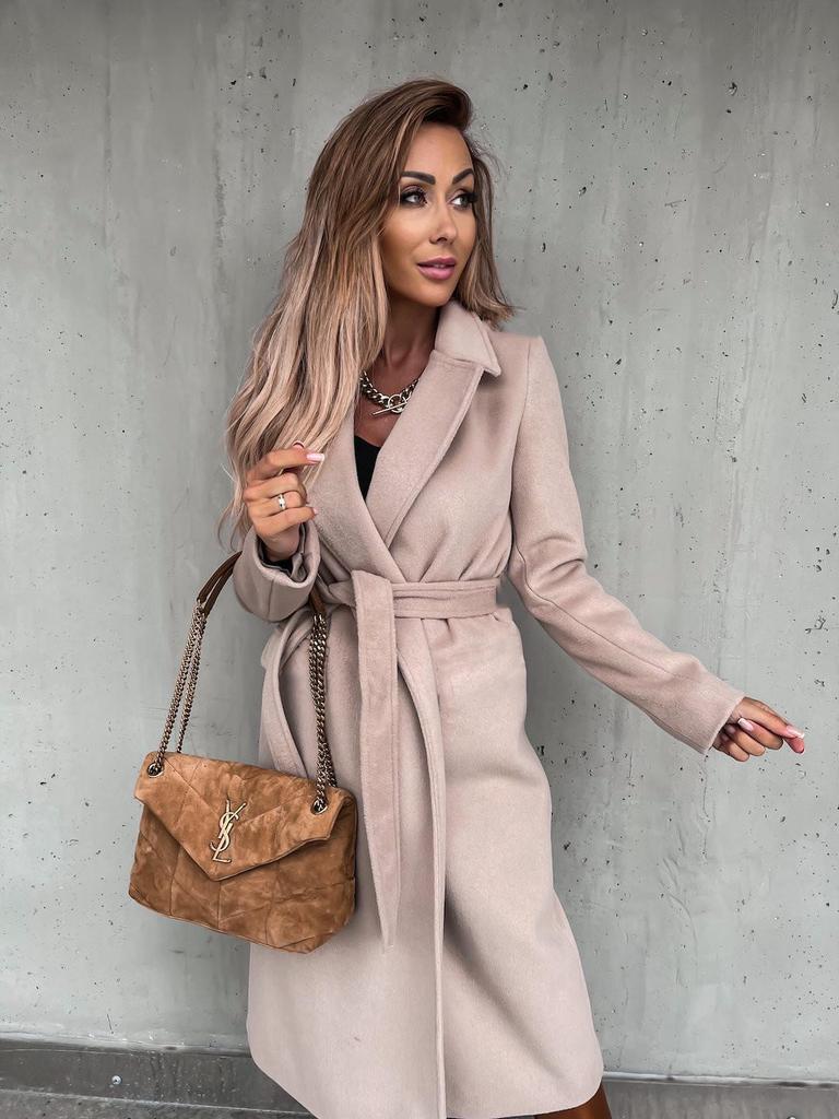 Women's Spring/Autumn Simple V-neck Wool Long Coat with Tie