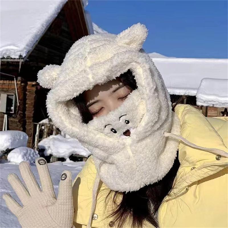 Cute Cartoon Bear Ear Hat Winter Warm Fleece Plush Scarf Hats with Mask Thick Lamb Cap Skullies Beanies Hats for Women Girls
