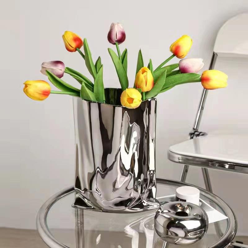 Silver Cloth Bag Ceramic Vase Folded Flower Pot Straight Tube Pleated Stacked Flowerpot Flower Vases Terrarium Home Decoration