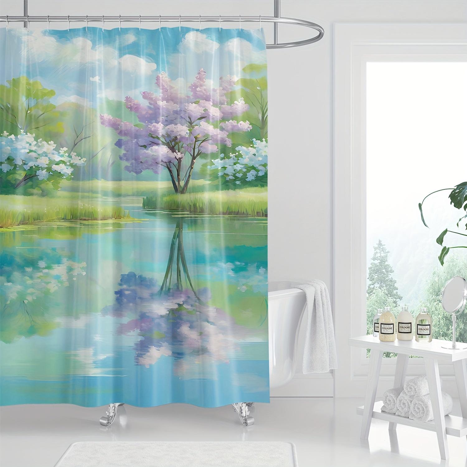 

Vibrant Nordic Landscape Shower Curtain, 180x180cm, Hand-Painted, Waterproof, Artistic Design, Knit Fabric, All-Season Use W90xH180cm